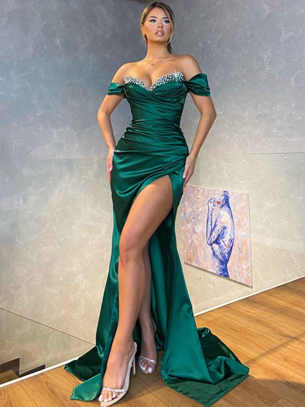 Sheath/Column Silk like Satin Ruched Off-the-Shoulder Sleeveless Sweep/Brush Train Dresses 6522