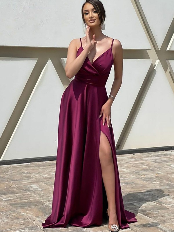 A-Line/Princess Elastic Woven Satin Ruffles V-neck Sleeveless Sweep/Brush Train Dresses 3537