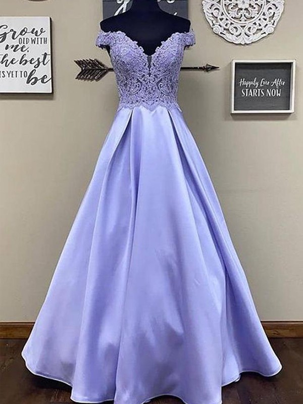 A-Line/Princess Satin Applique Off-the-Shoulder Sleeveless Floor-Length Dresses 4053