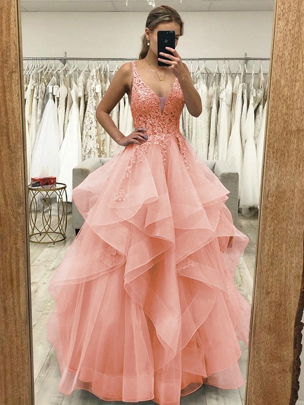 A-Line/Princess Tulle Applique V-neck Sleeveless Floor-Length Dresses 5226