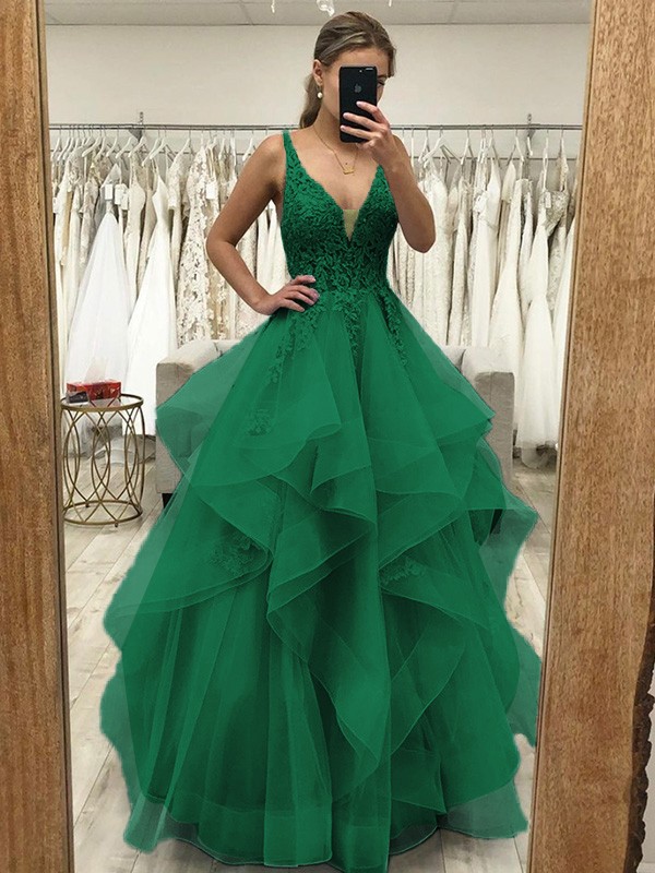 A-Line/Princess Tulle Applique V-neck Sleeveless Floor-Length Dresses 5226