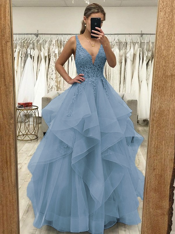 A-Line/Princess Tulle Applique V-neck Sleeveless Floor-Length Dresses 5226