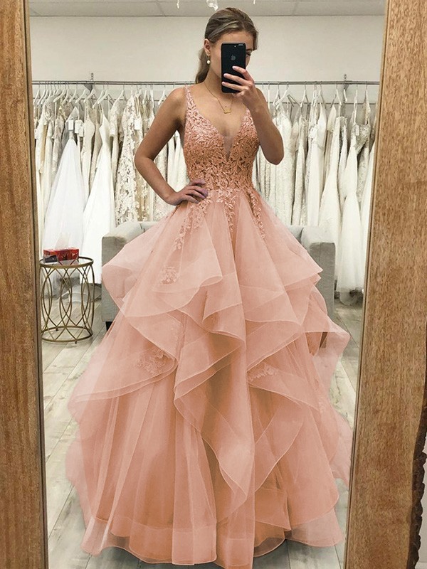 A-Line/Princess Tulle Applique V-neck Sleeveless Floor-Length Dresses 5226