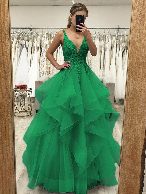 A-Line/Princess Tulle Applique V-neck Sleeveless Floor-Length Dresses 5226