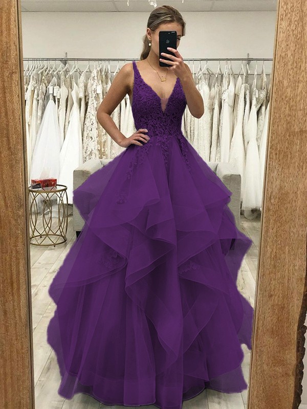 A-Line/Princess Tulle Applique V-neck Sleeveless Floor-Length Dresses 5226