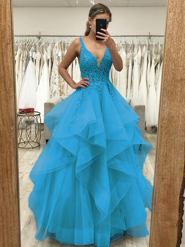 A-Line/Princess Tulle Applique V-neck Sleeveless Floor-Length Dresses 5226