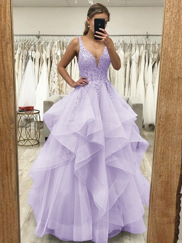 A-Line/Princess Tulle Applique V-neck Sleeveless Floor-Length Dresses 5226