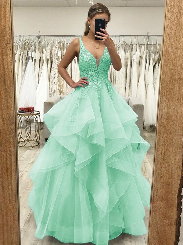 A-Line/Princess Tulle Applique V-neck Sleeveless Floor-Length Dresses 5226