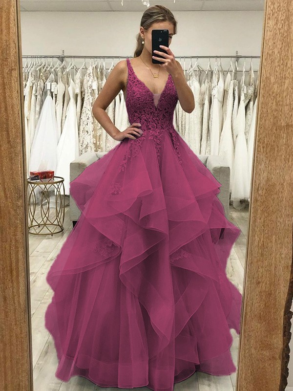 A-Line/Princess Tulle Applique V-neck Sleeveless Floor-Length Dresses 5226