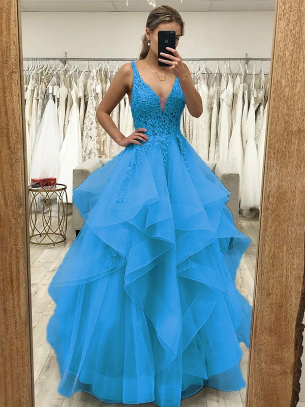 A-Line/Princess Tulle Applique V-neck Sleeveless Floor-Length Dresses 5226