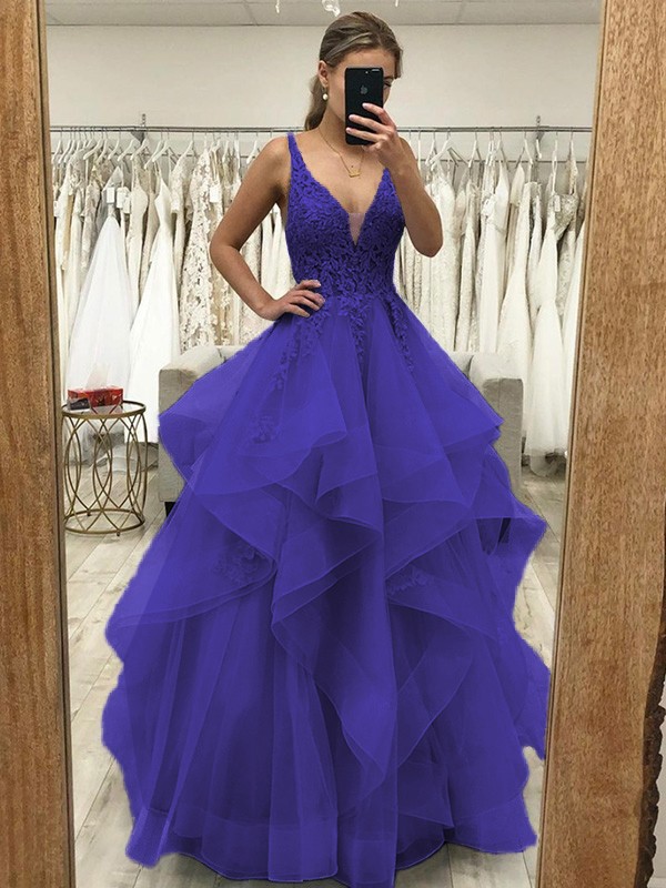 A-Line/Princess Tulle Applique V-neck Sleeveless Floor-Length Dresses 5226