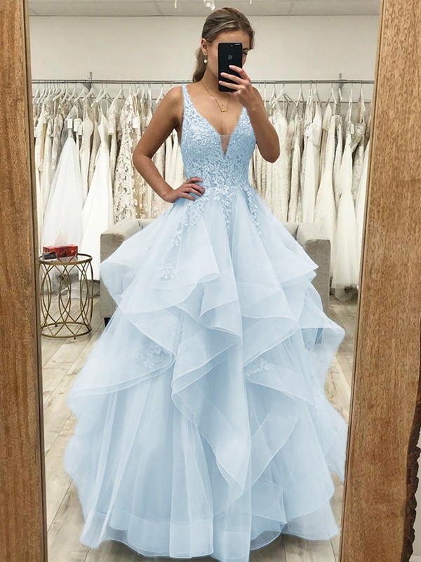 A-Line/Princess Tulle Applique V-neck Sleeveless Floor-Length Dresses 5226