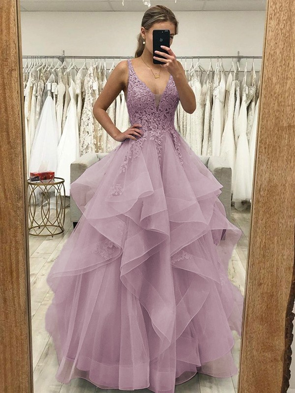 A-Line/Princess Tulle Applique V-neck Sleeveless Floor-Length Dresses 5226