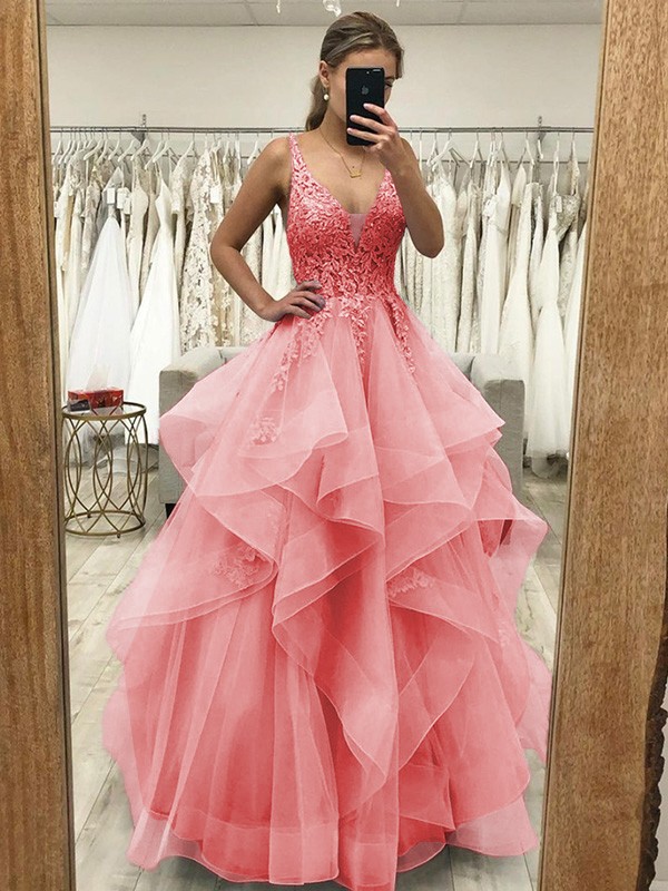 A-Line/Princess Tulle Applique V-neck Sleeveless Floor-Length Dresses 5226