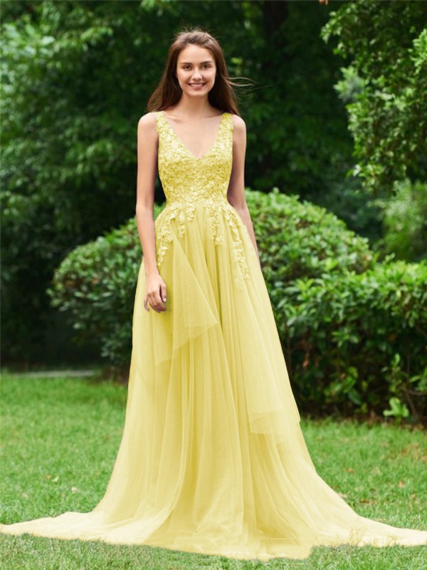 A-Line/Princess Tulle Applique V-neck Sleeveless Sweep/Brush Train Dresses 5260