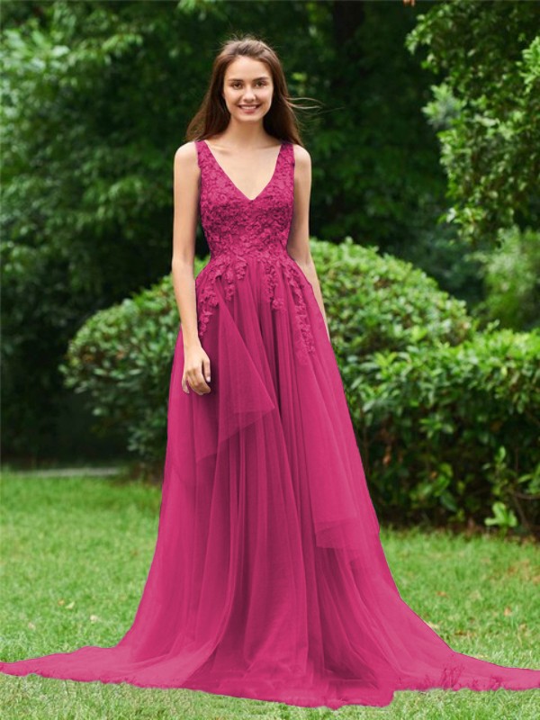 A-Line/Princess Tulle Applique V-neck Sleeveless Sweep/Brush Train Dresses 5260