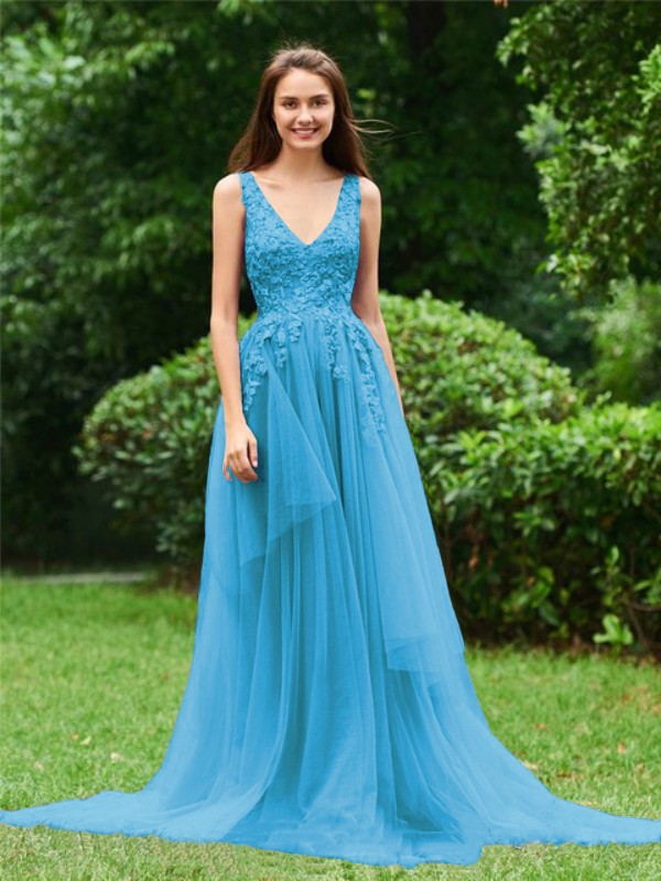 A-Line/Princess Tulle Applique V-neck Sleeveless Sweep/Brush Train Dresses 5260