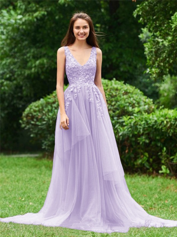 A-Line/Princess Tulle Applique V-neck Sleeveless Sweep/Brush Train Dresses 5260