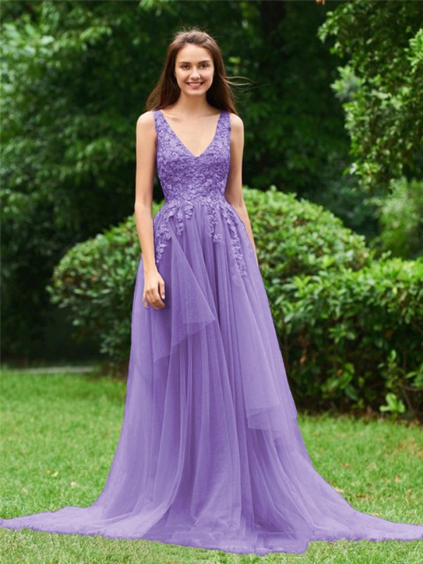 A-Line/Princess Tulle Applique V-neck Sleeveless Sweep/Brush Train Dresses 5260