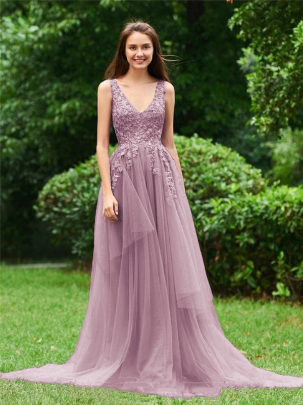 A-Line/Princess Tulle Applique V-neck Sleeveless Sweep/Brush Train Dresses 5260