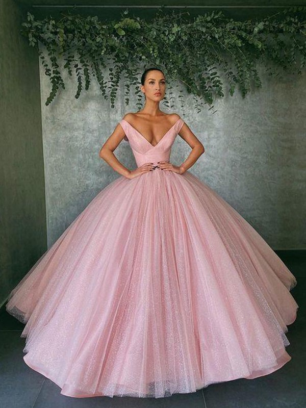 Ball Gown Tulle Ruffles Off-the-Shoulder Sleeveless Floor-Length Dresses 5797