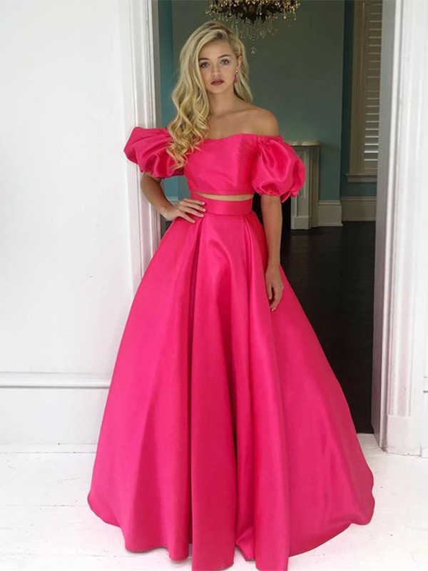 A-Line/Princess Satin Ruffles Off-the-Shoulder Short Sleeves Floor-Length Two Piece Dresses 4151