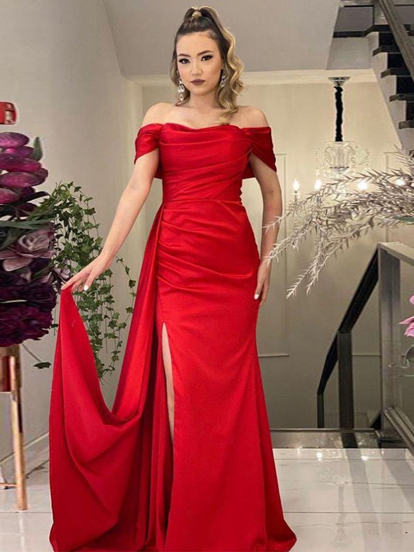 Sheath/Column Satin Ruched Off-the-Shoulder Sleeveless Sweep/Brush Train Dresses 6296