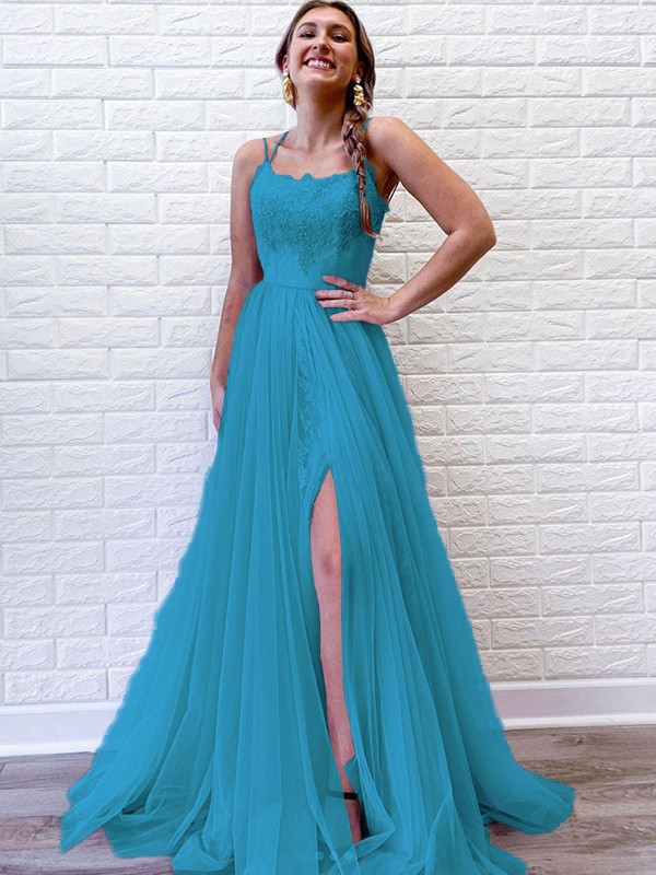 A-Line/Princess Tulle Lace Spaghetti Straps Sleeveless Sweep/Brush Train Dresses 5318