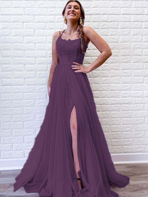 A-Line/Princess Tulle Lace Spaghetti Straps Sleeveless Sweep/Brush Train Dresses 5318