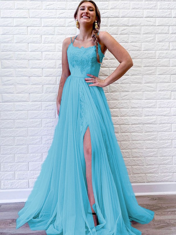 A-Line/Princess Tulle Lace Spaghetti Straps Sleeveless Sweep/Brush Train Dresses 5318