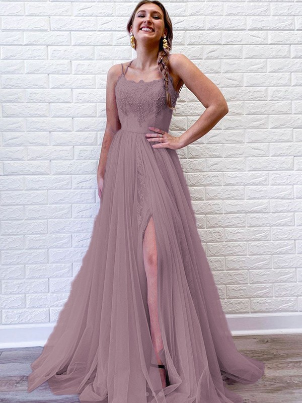 A-Line/Princess Tulle Lace Spaghetti Straps Sleeveless Sweep/Brush Train Dresses 5318