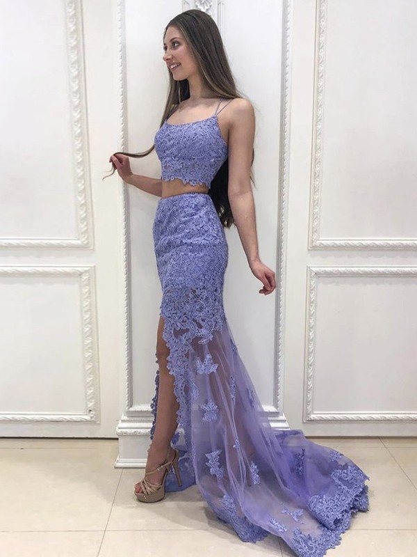 Sheath/Column Lace Applique Spaghetti Straps Sleeveless Sweep/Brush Train Two Piece Dresses 6087