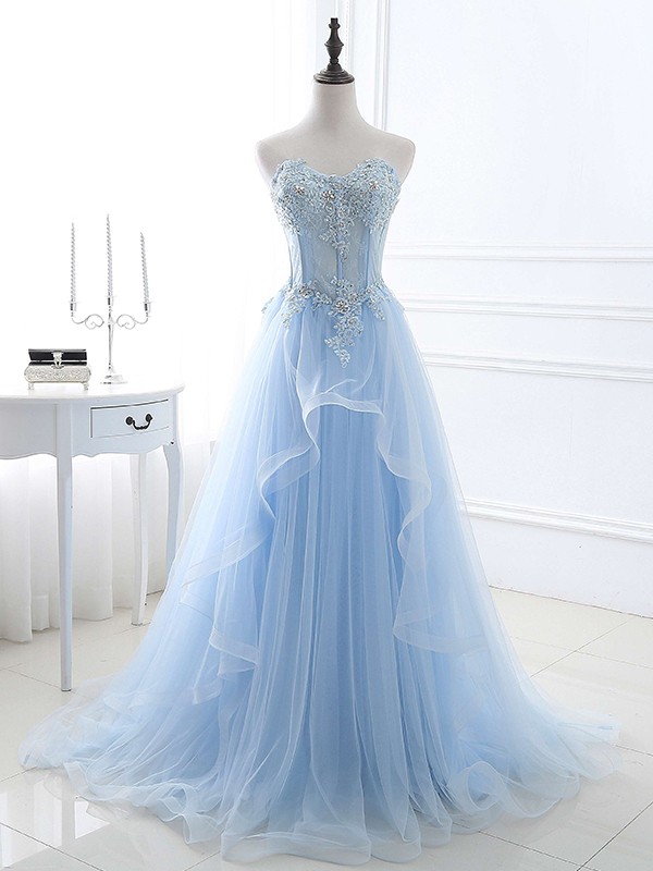 A-Line/Princess Tulle Applique Sweetheart Sleeveless Sweep/Brush Train Dresses 5202