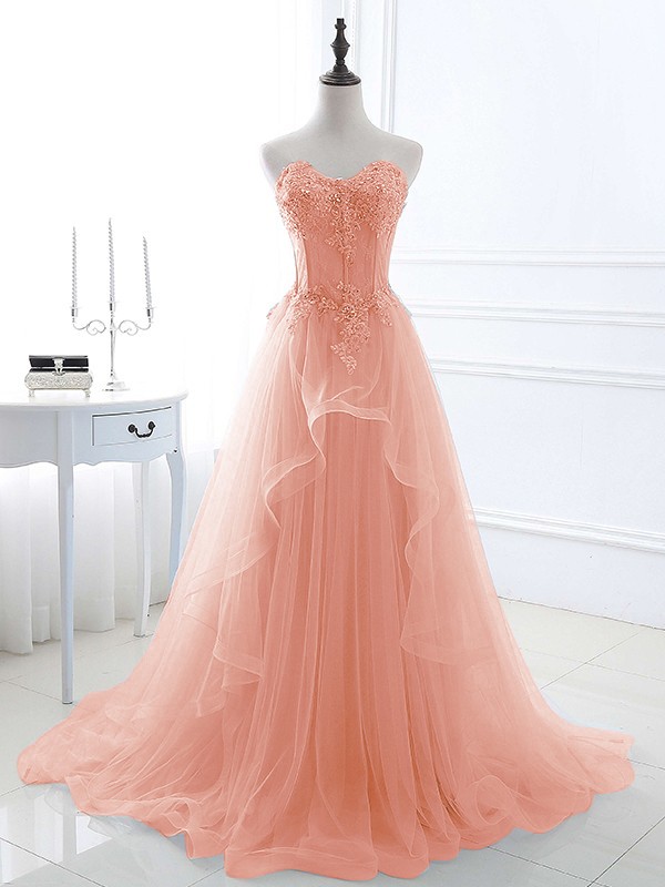 A-Line/Princess Tulle Applique Sweetheart Sleeveless Sweep/Brush Train Dresses 5202