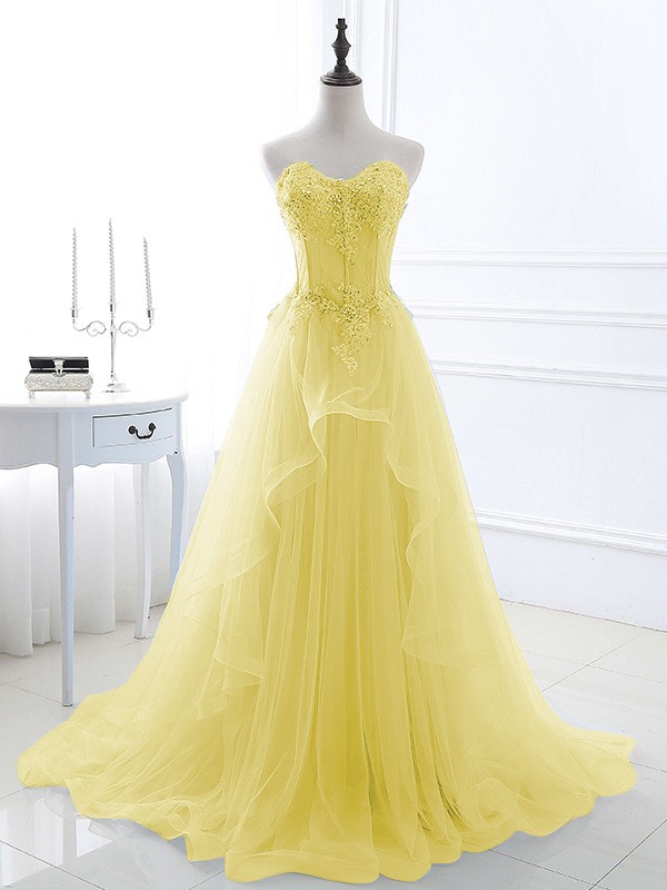 A-Line/Princess Tulle Applique Sweetheart Sleeveless Sweep/Brush Train Dresses 5202