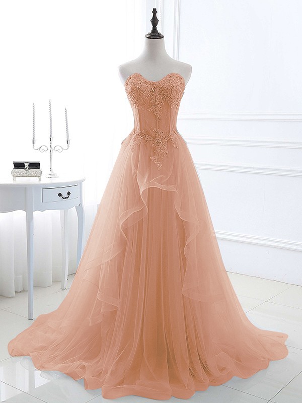 A-Line/Princess Tulle Applique Sweetheart Sleeveless Sweep/Brush Train Dresses 5202