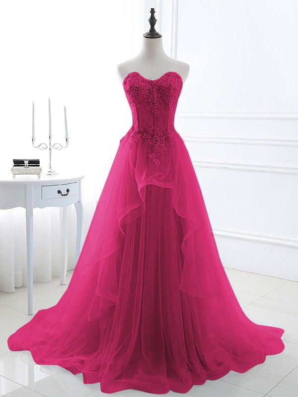 A-Line/Princess Tulle Applique Sweetheart Sleeveless Sweep/Brush Train Dresses 5202