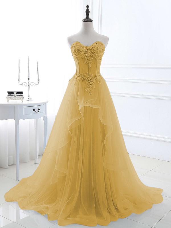 A-Line/Princess Tulle Applique Sweetheart Sleeveless Sweep/Brush Train Dresses 5202