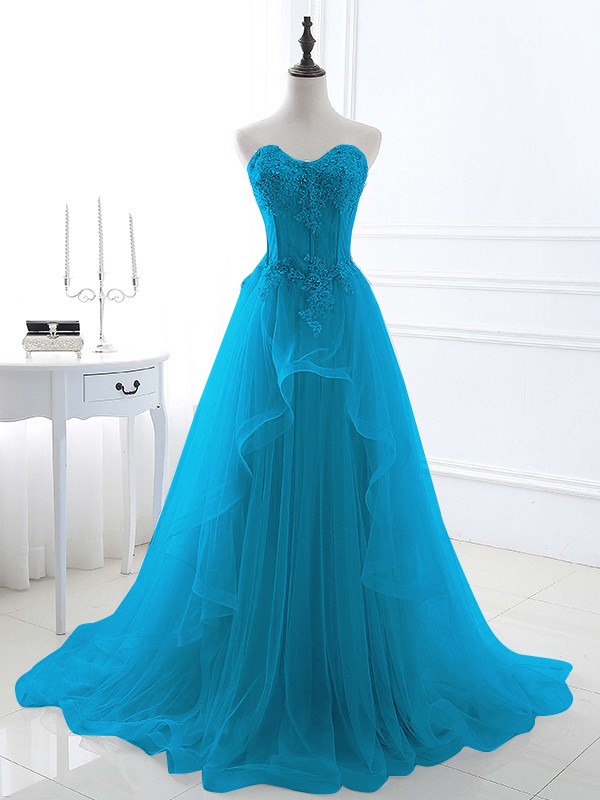 A-Line/Princess Tulle Applique Sweetheart Sleeveless Sweep/Brush Train Dresses 5202