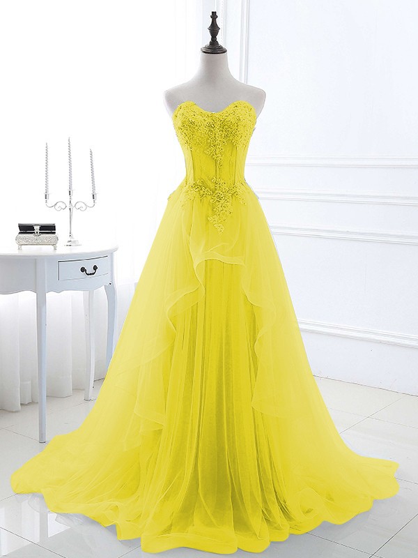 A-Line/Princess Tulle Applique Sweetheart Sleeveless Sweep/Brush Train Dresses 5202