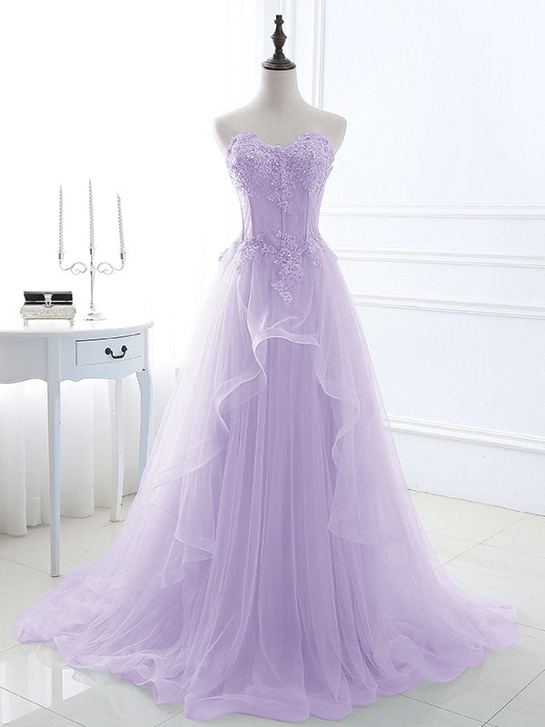 A-Line/Princess Tulle Applique Sweetheart Sleeveless Sweep/Brush Train Dresses 5202