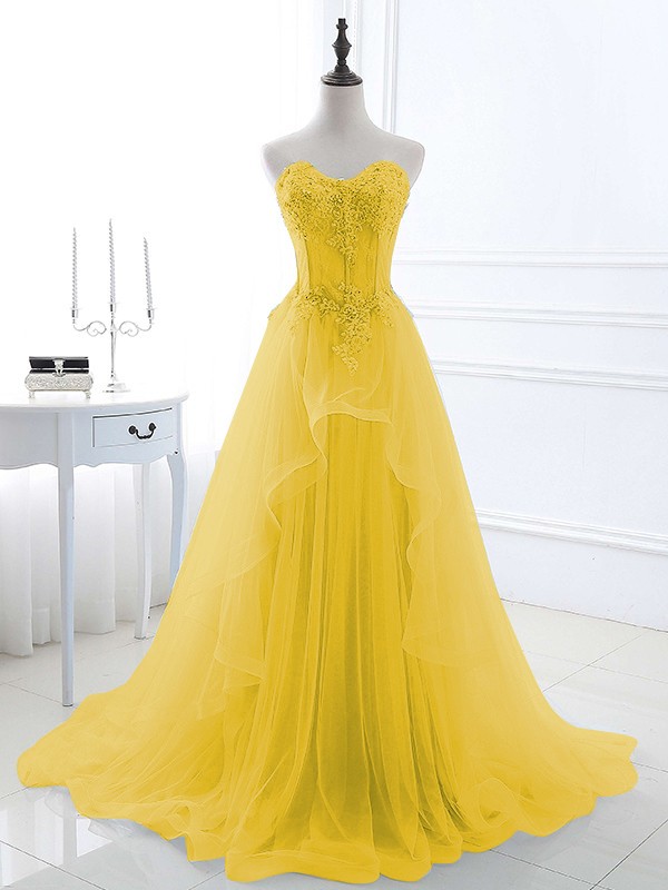 A-Line/Princess Tulle Applique Sweetheart Sleeveless Sweep/Brush Train Dresses 5202