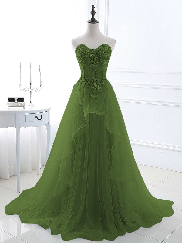 A-Line/Princess Tulle Applique Sweetheart Sleeveless Sweep/Brush Train Dresses 5202