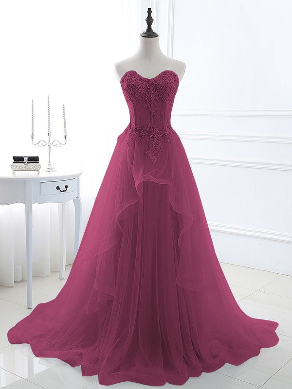 A-Line/Princess Tulle Applique Sweetheart Sleeveless Sweep/Brush Train Dresses 5202