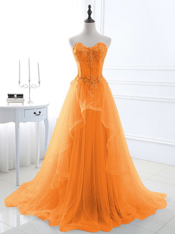 A-Line/Princess Tulle Applique Sweetheart Sleeveless Sweep/Brush Train Dresses 5202