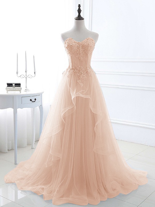 A-Line/Princess Tulle Applique Sweetheart Sleeveless Sweep/Brush Train Dresses 5202