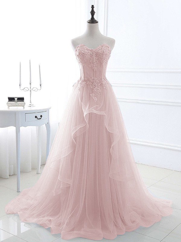 A-Line/Princess Tulle Applique Sweetheart Sleeveless Sweep/Brush Train Dresses 5202