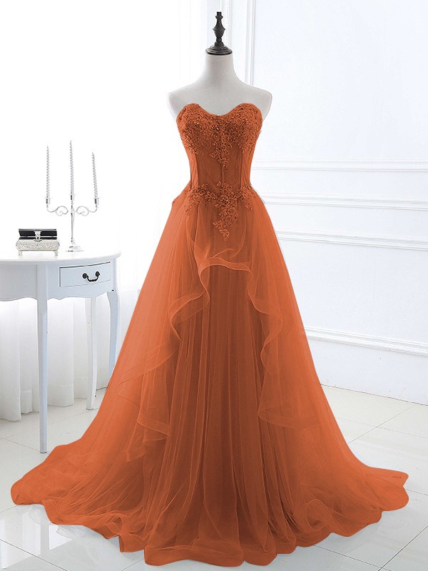 A-Line/Princess Tulle Applique Sweetheart Sleeveless Sweep/Brush Train Dresses 5202