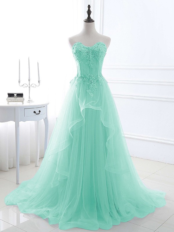 A-Line/Princess Tulle Applique Sweetheart Sleeveless Sweep/Brush Train Dresses 5202