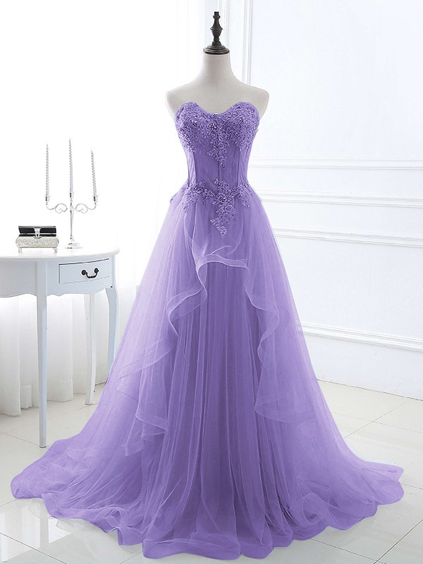 A-Line/Princess Tulle Applique Sweetheart Sleeveless Sweep/Brush Train Dresses 5202